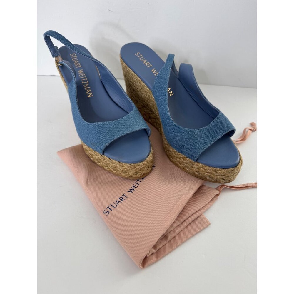 Stuart Weitzman Island Espadrille Wedge Sandal Peep Toe Jute & Denim Size 11 - Picture 4 of 9